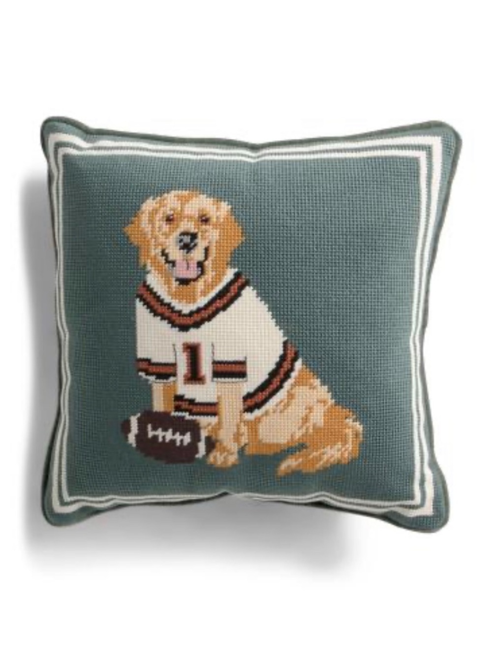 Golden Retriever Dog Football Needlepoint Accent Pillow in Green Tone NWOT